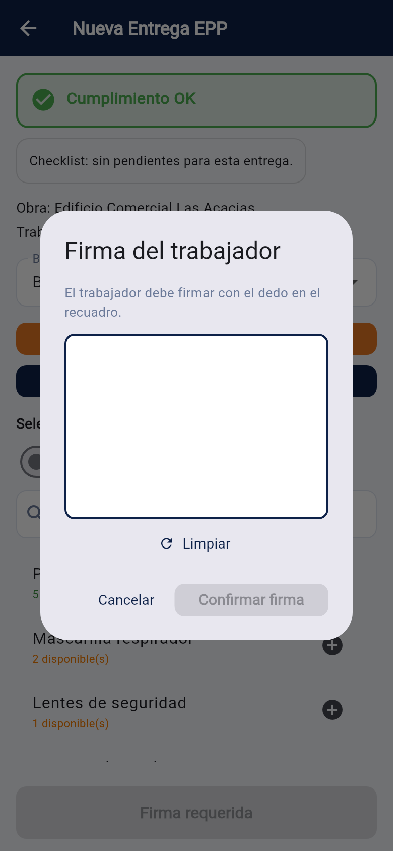Pantalla de captura de firma táctil del trabajador