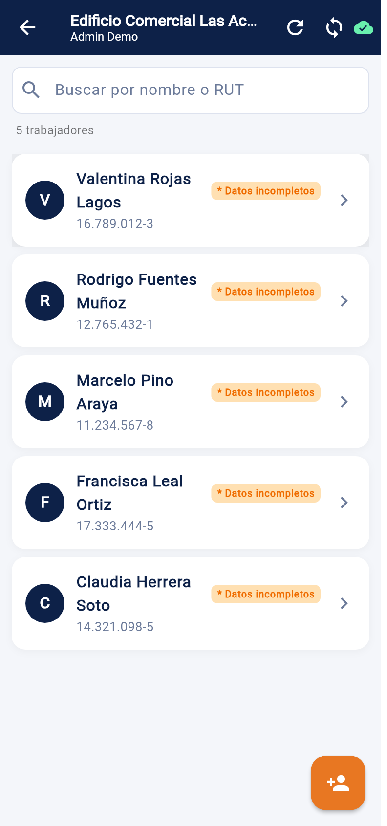 Pantalla de trabajadores por obra con estado de cumplimiento EPP